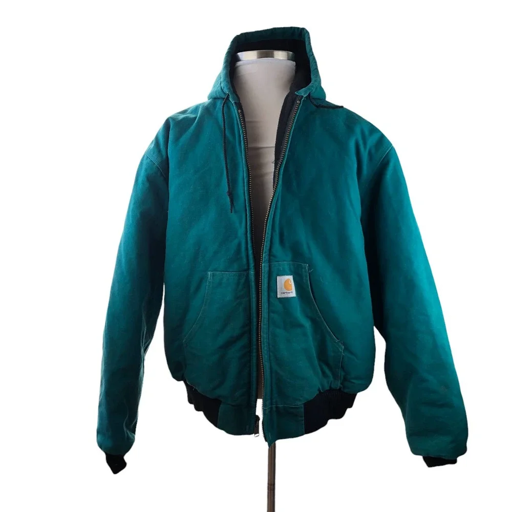 Carhartt Teal Vintage Hooded Work Jacket Lined Distressed jq1032 USA 2X-Large - Picture 2 of 12